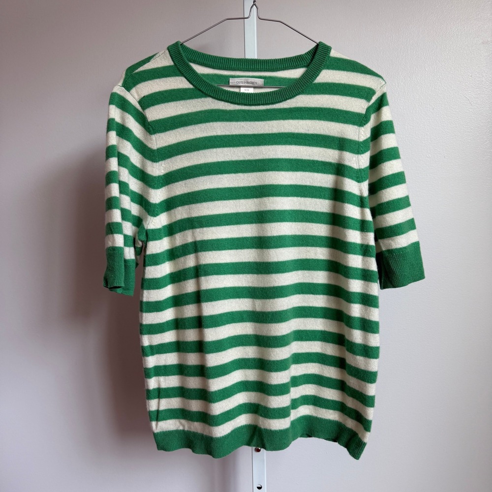 Outerknown 100% Cashmere Striped Sweater Top Green Cream‎ Short Sleeve Womens M
